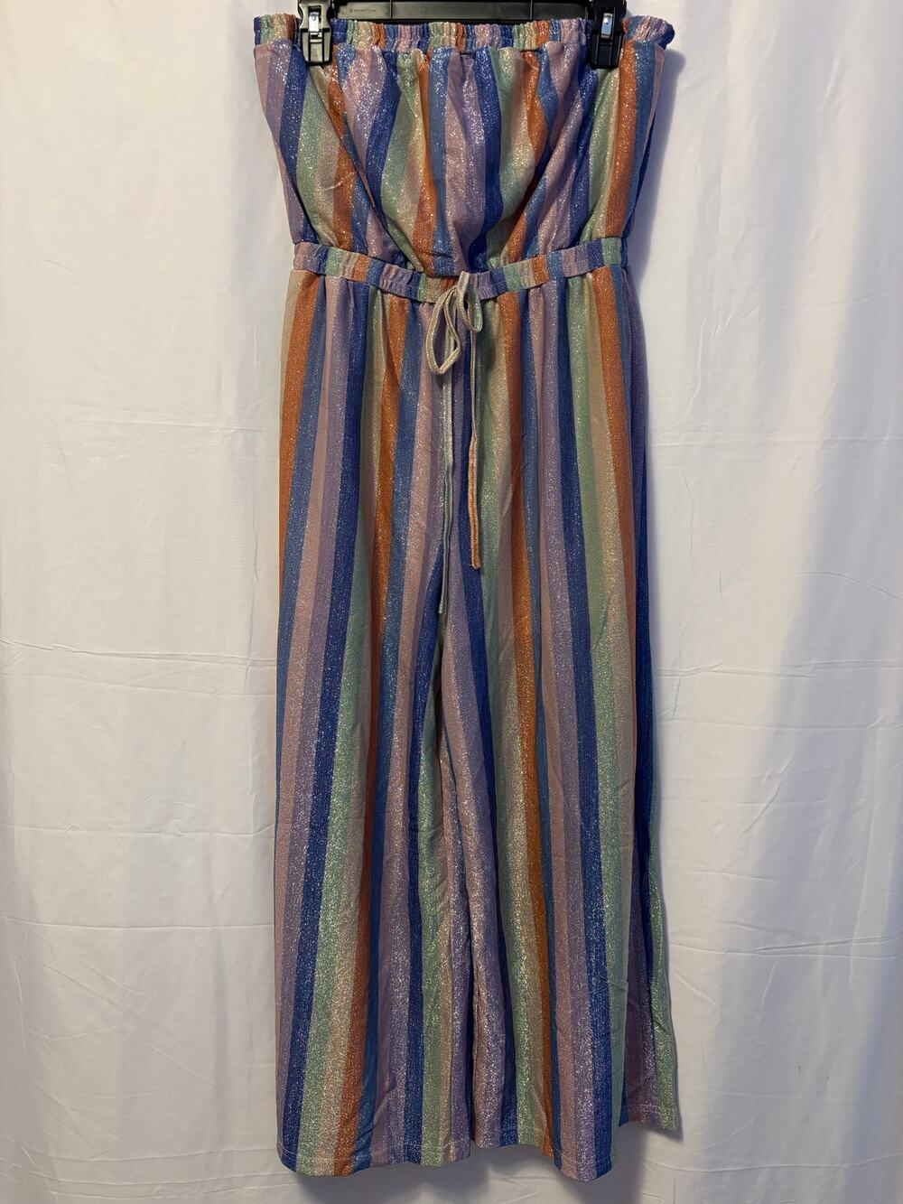 Moon River Rainbow Striped Sparkle Tube Top Strapless Jumpsuit Multicolor Sz L